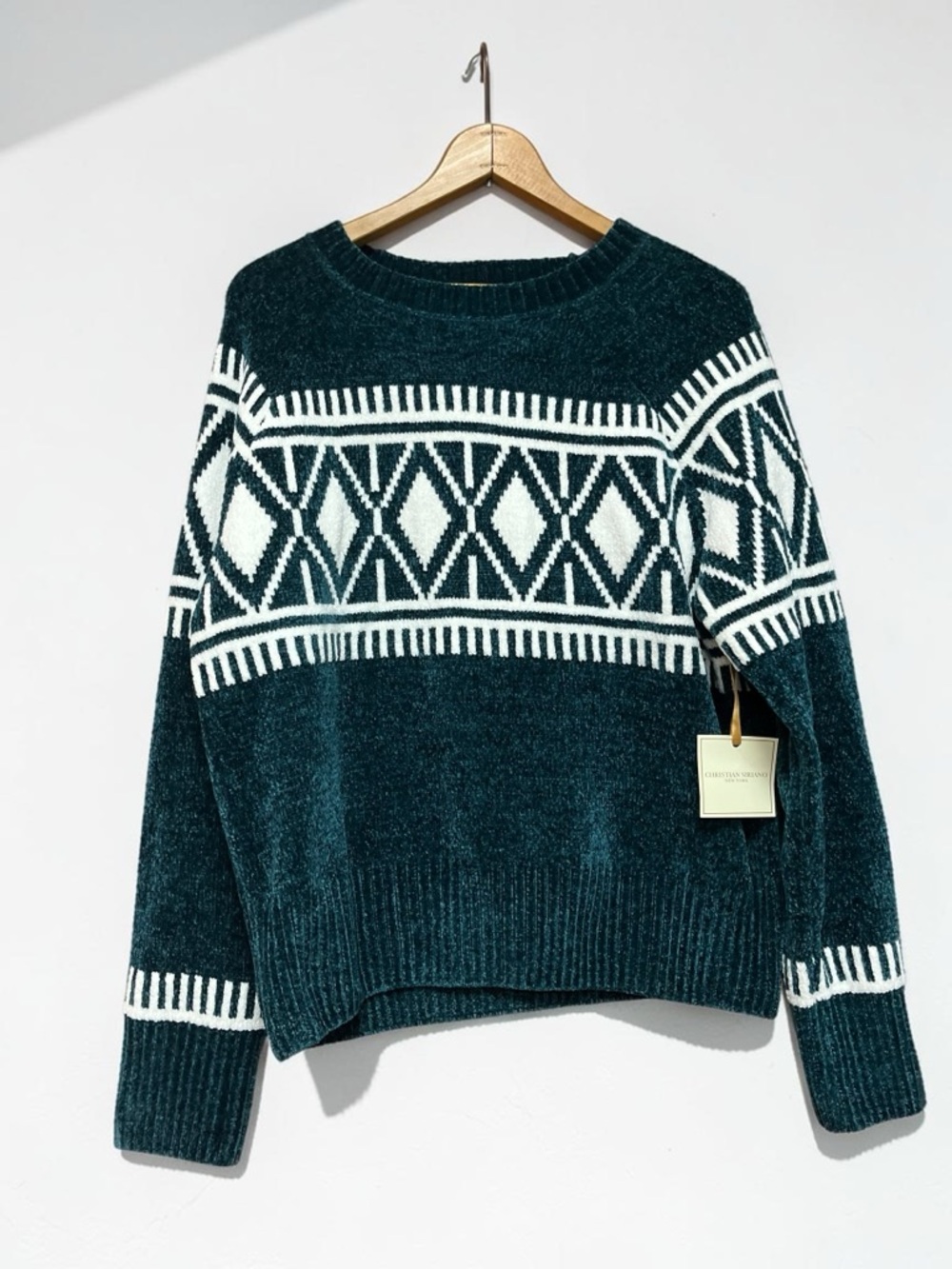 NWT Christian Siriano Cozy Deep Green & White Fair Isle Style Poly Sweater XL